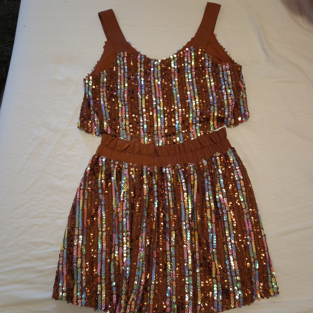 QUEEN OF SPARKLES Copper Sequin Two-Piece Crop Top & Skirt